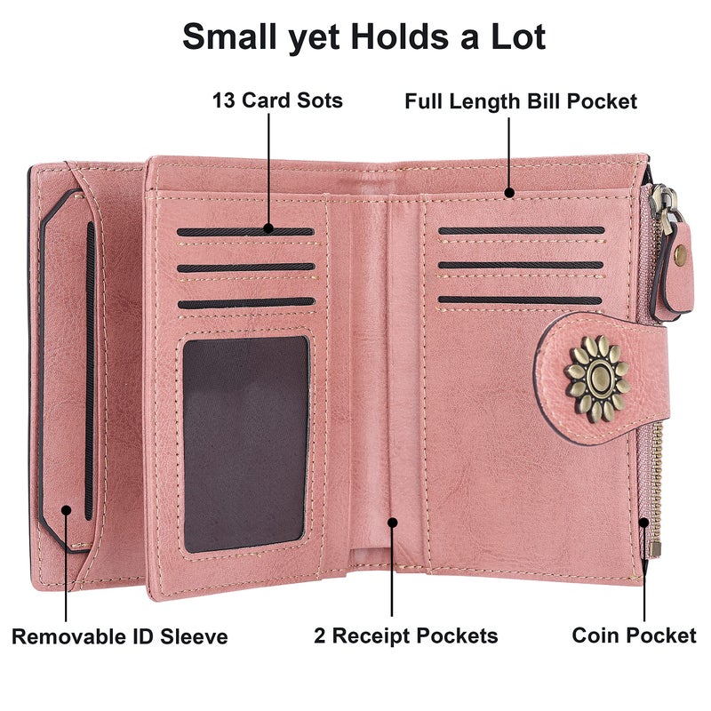 Lavemi Womens Leather Wallet Small Compact RFID Blocking Credit Card Case Purse with Zipper Pocket(Dark Pink) - Image 4